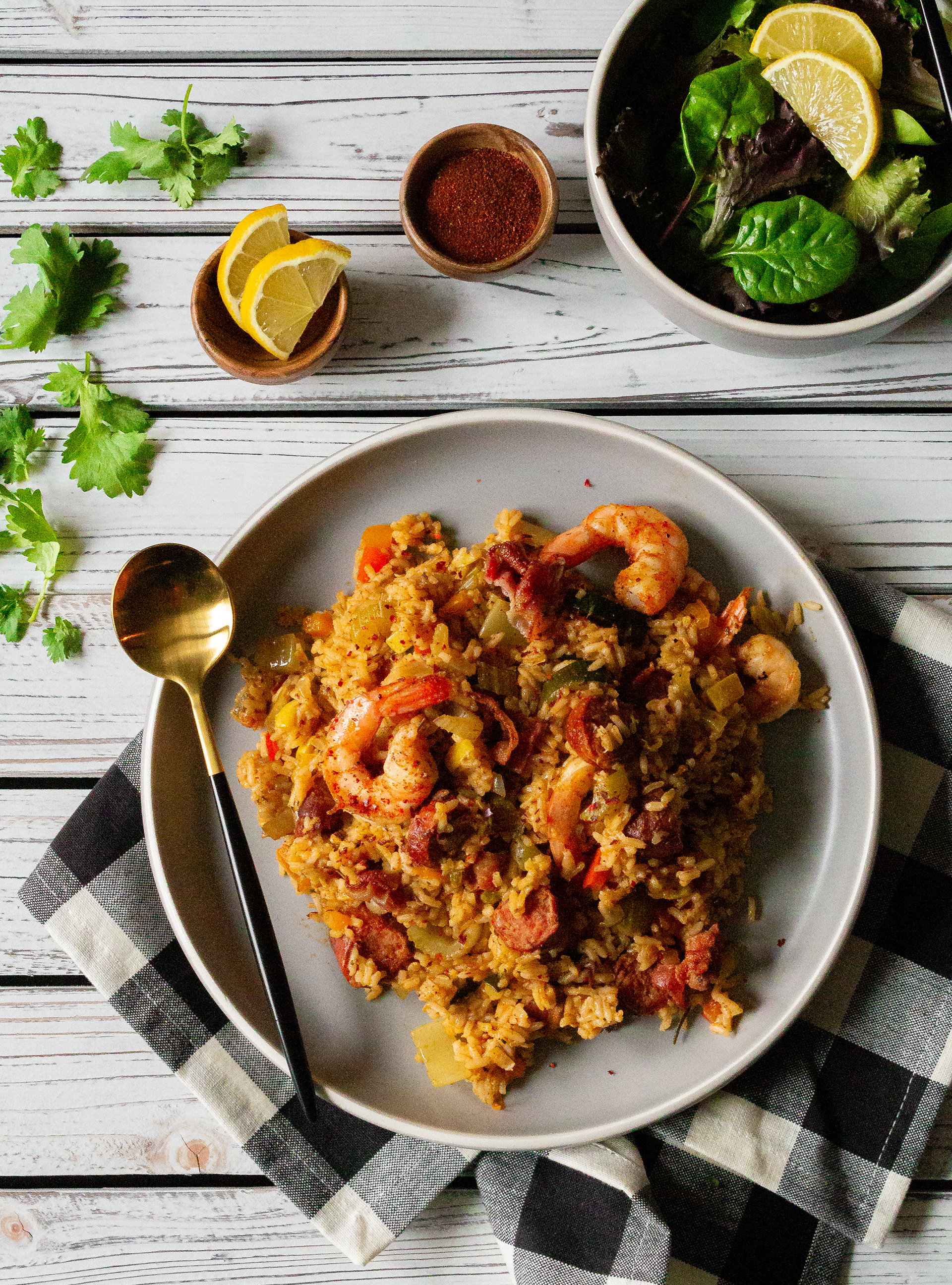 Flatlay top down image of Sausage, Bacon, and Shrimp Jambalaya