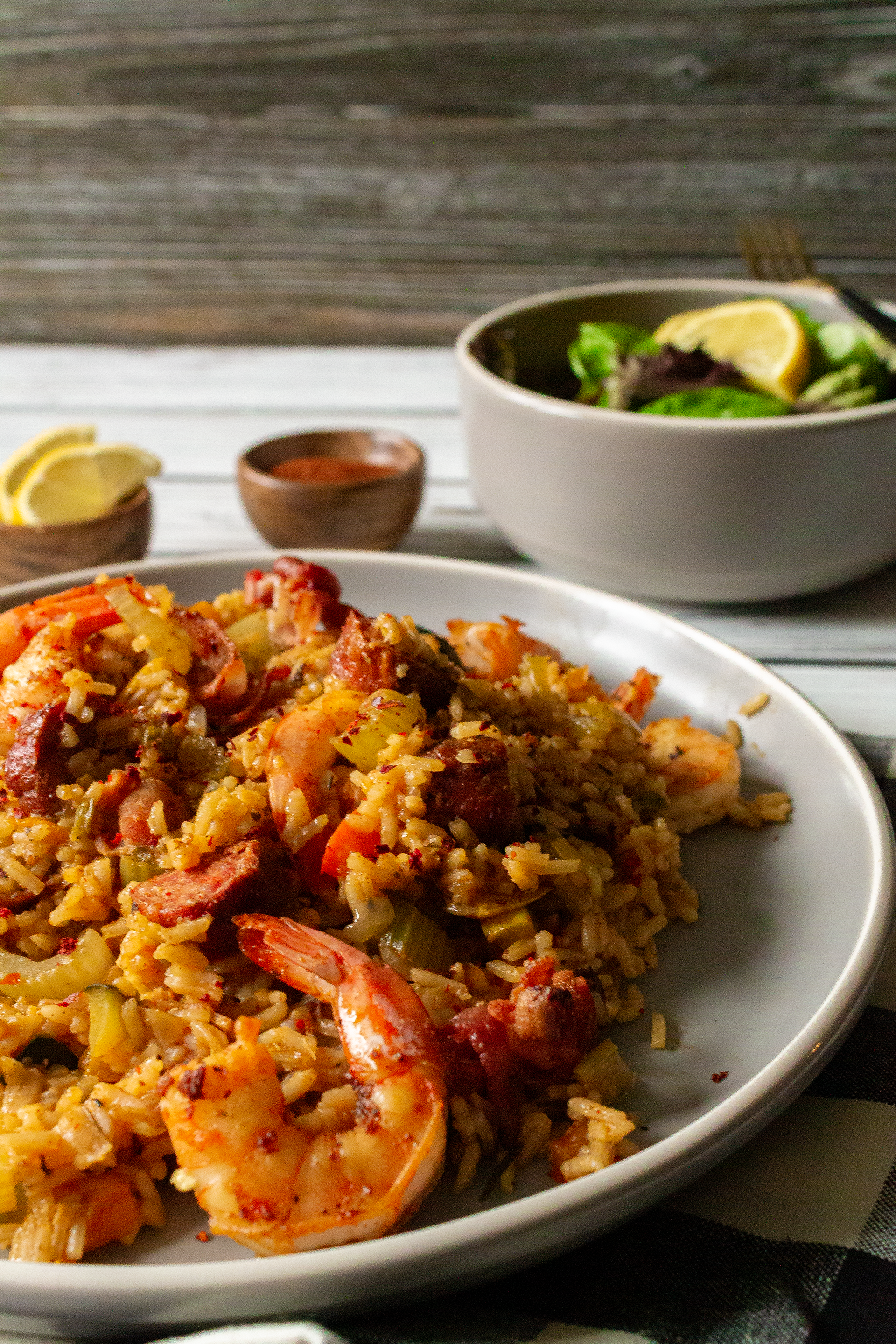 side view portrait image of Sausage, Bacon, and Shrimp Jambalaya