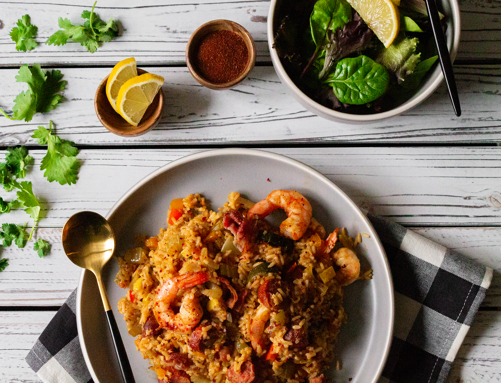 landscape flatlay image of Sausage, Bacon, and Shrimp Jambalaya